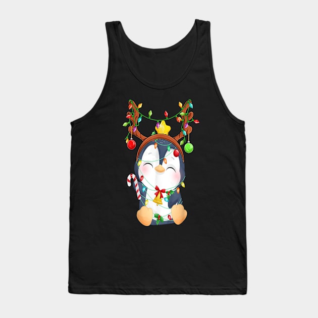 Cute Penguin Christmas Reindeer Color Lights Happy Holiday Tank Top by Brodrick Arlette Store